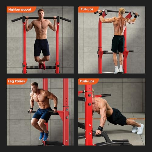 SogesPower Power Tower Dip Station Pull Up Bar for Home Gym Adjustable Height Strength Training Workout Equipment,Pull Up Bar Station - color: Red
