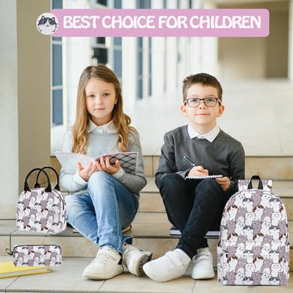 Cat Cute 3PCS Backpack Set for Teens Elementary Middle High School, 17 Inch Lightweight Classic Backpack 3 in 1 Set for Girls Boys, Kids Back to School Backpack with Lunch Box Pencil Case - color: Cat