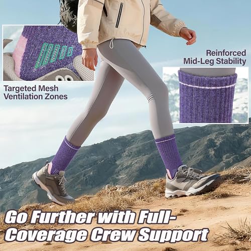 ANTSANG Merino Wool Hiking Socks, Enhanced Breathability, Targeted Cushion Thermal Socks for Men and Women, 5 Pairs - color: Yellow/Green/Purple/Pink, size: Large