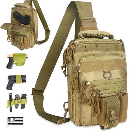 DegeTMVe Dual Pistol Holster Chest Bag Concealed Carry Sling Crossbody Tactical Gun Convertible Backpack Shooting Hunting - color: Khaki