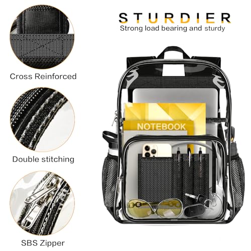 Clear Backpack Transparent Heavy Duty Bookbag See Through Bag with Reinforced Bottom for College, Travel, Workplace Security - Black - color: Black