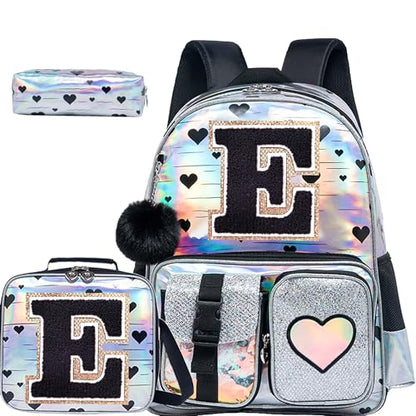 HTgroce Backpacks for Girls School Bag Kids Black Bookbag for Elementary Students Kids Backpack with Lunch Box and Pencil Case - color: Silver, style: E