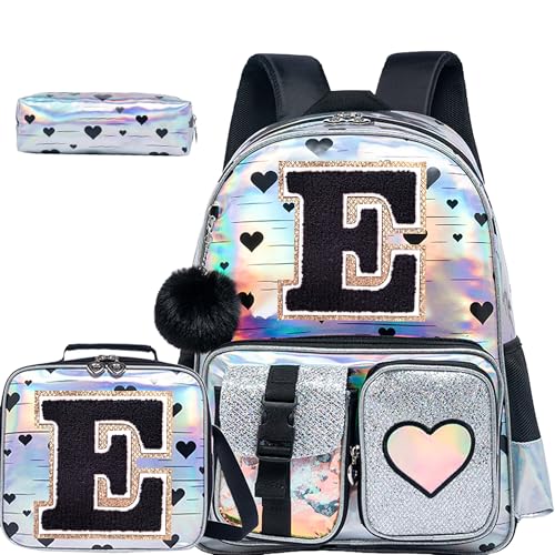 HTgroce Backpacks for Girls School Bag Kids Black Bookbag for Elementary Students Kids Backpack with Lunch Box and Pencil Case - color: Silver, style: E
