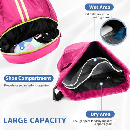 Drawstring Backpack Gym Bag with Shoe Compartment - Ideal for Basketball, Swimming, Beach Activities, Unisex - color: Rose Red