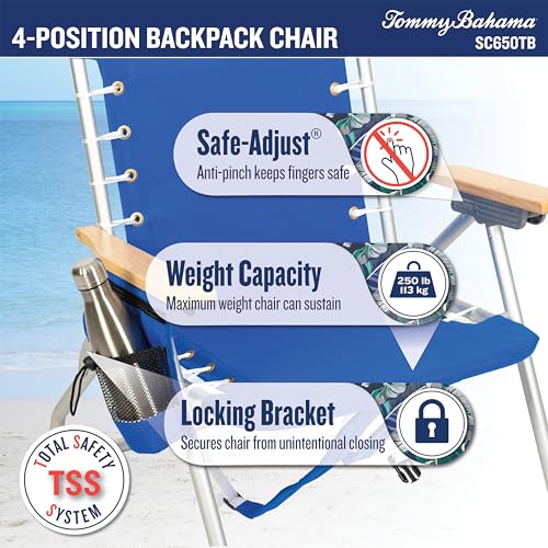 Tommy Bahama Hi-Boy 17" Seat Height 4-Position Lace-Up Suspension Folding Beach Backpack Chair - color: Green and Blue Stripe, style: 1-Pack