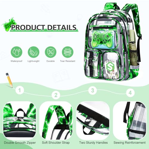 DIGOBAY 3PCS Cool Luminous Clear Backpack for Boys Kids, Gamer Clear Bookbag for School, See Through PVC Transparent Backpacks with Lunch Bag Pencil Case, Backpack Heavy Duty for School Stadium - color: Green Lightning
