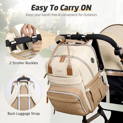 Diaper Bag Backpack - Extra Large Diaper Bag for 2 Kids Twin, Travel Baby Bags for Mom Dad 25-37L Expandable with Changing Pad Earphone Hole, Apricot Beige - color: Beige & Apricot