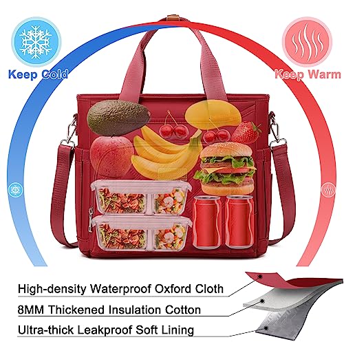 AIJIEKE Large Insulated Lunch Bag for Women, Leakproof Work Lunch Box Tote | Keeps food fresh 8-12 hours. Spacious multi-pocket design with a removable strap. Water-resistant and easy-wipe interior - color: Red