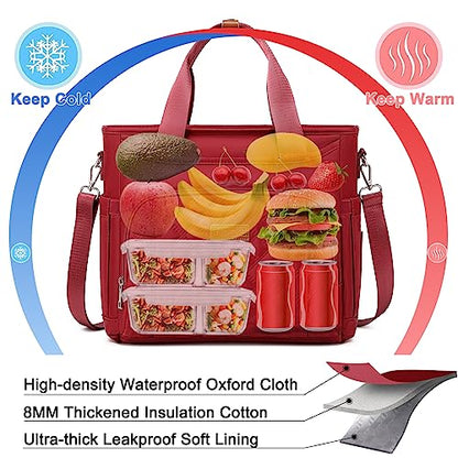 AIJIEKE Large Insulated Lunch Bag for Women, Leakproof Work Lunch Box Tote | Keeps food fresh 8-12 hours. Spacious multi-pocket design with a removable strap. Water-resistant and easy-wipe interior - color: Red
