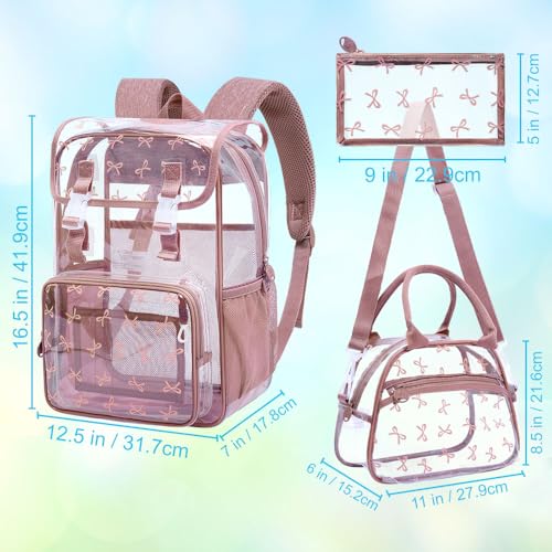 17" Clear Backpack for Girls, School Kids Transparent Bookbag Set, 3Pcs Stadium Approved See Through Backpack with Lunch Box (Pink) - color: Pink Bow