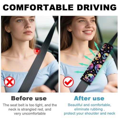 2Pcs Halloween Soft Auto Seat Belt Cover Pads, Rainbow Skull Car Seatbelt Shoulder Cushion for Comfortable Driving, Compatible with All Cars' Seatbelt and Backpack Straps 11x2.4inch - color: Skull