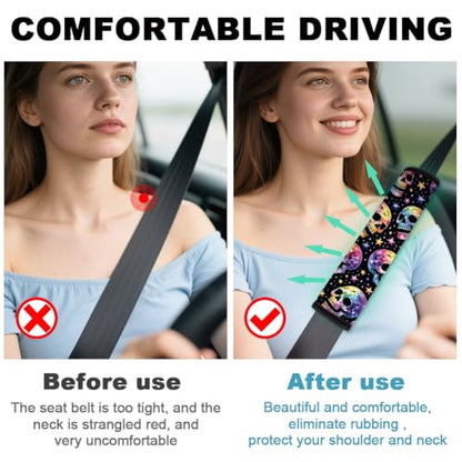 2Pcs Halloween Soft Auto Seat Belt Cover Pads, Rainbow Skull Car Seatbelt Shoulder Cushion for Comfortable Driving, Compatible with All Cars' Seatbelt and Backpack Straps 11x2.4inch - color: Skull