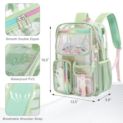 Clear Backpack for Girls Women, School Bookbag Heavy Duty See Through Backpacks (Matcha Green) - color: Matcha Green