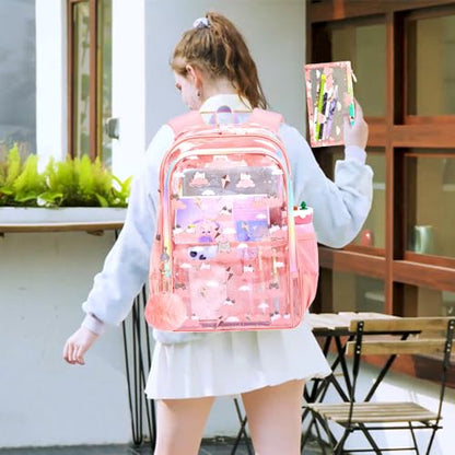 gxtvo 3PCS Girls Clear Backpack Heavy-Duty Set for Women & Teen, 17" Pink See Through Bookbag with Rainbow Strap, Cute Cloud Cat Transparent School Bag - color: Pink Cloud Cat Clear Backpack Set