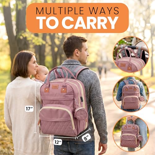 Diaper Bag Backpack with Changing Station | 600D Oxford Waterproof Baby Bag for Mom & Dad | Large Baby Diaper Bag Boy Girl | 16 Pockets, USB Charging Port, Foldable Pad - color: Perl Pink