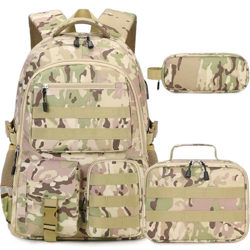 DIGOBAY Camo Backpack for Boys, Tactical Boy Backpacks for School, Kids Backpack With Lunch Box Pencil Case USB Charging Port Military Army SchoolBags for Boy Teens Kids Elementary Middle High School - color: Yellow Green Camo