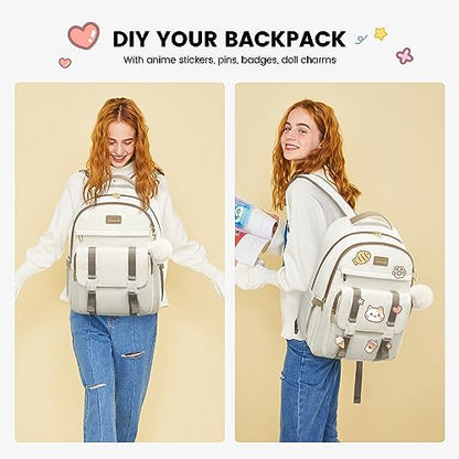 LOVEVOOK School Backpack for Teen Girls, Student Backpack Purse for 14-16 Teenage, Cute Kid Bookbag, Back to School Backpacks Fit 15.6 Inch Laptop, Large College Travel Bag, Beige-khaki - color: Beige-khaki