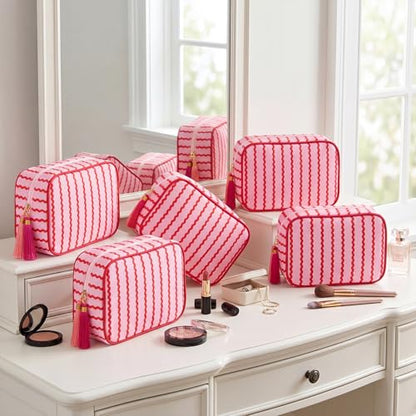 Kacctyen 6 Pack Raspberry Red and Light Pink Striped Makeup Bag bulk with Tassel Travel Cosmetic Pouch Organizer Large Zipper Toiletry Case for Women Aesthetic Storage Pouch Mahjong Tile Bag - color: Raspberry Red and Light Pink