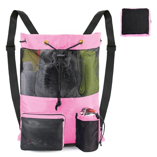 BeeGreen Gym Bags for Men Women Mesh Drawstring Backpack for Swim Sports Workout Gear Gifts for Swimmers Beach Pool Wrestling Backpack Cinch Bag With 3 Pockets Pink Medium - color: Pink, style: Backpack