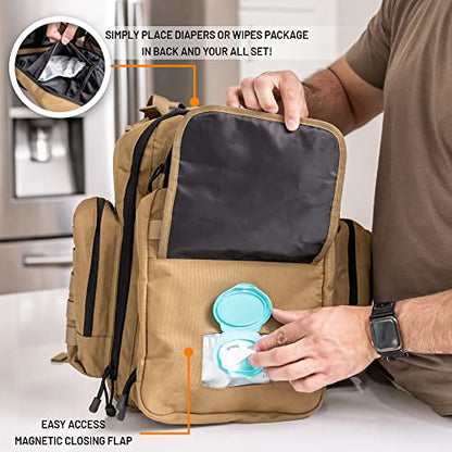 Tan Dad Diaper Bag - Molle-Style Military Diaper Backpack Made of Rugged 900D Waterproof Polyester with Wider Extra-Long Straps, Pouch for Dirty Diapers, Baby Wipes Dispenser & Insulated Pockets - color: Tan