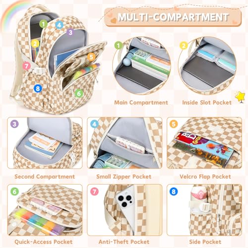 MUSEVOS Girls Backpack with Lunch Bag, Elementary Middle School Backpack, Large Capacity Kids Bookbag 3 Pcs Set - color: Khaki-3pcs-set
