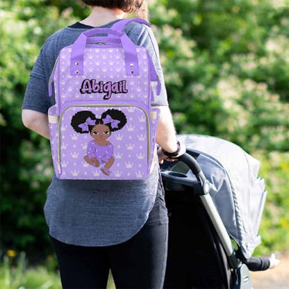 Newcos Personalized Crown Print Diaper Bag with Name Custom Africa Black Women Nappy Bags Travel Casual Mummy Backpack for Mom Women Purple - color: 230112-1