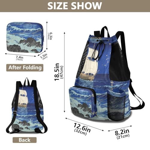 Drawstring Gym Bag With Inside Pockets Women Mens Drawstring Backpack with Wet Dry Compartments Japanese Ocean Boat
