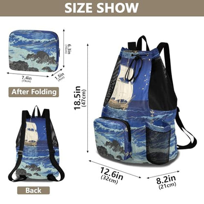 Drawstring Gym Bag With Inside Pockets Women Mens Drawstring Backpack with Wet Dry Compartments Japanese Ocean Boat