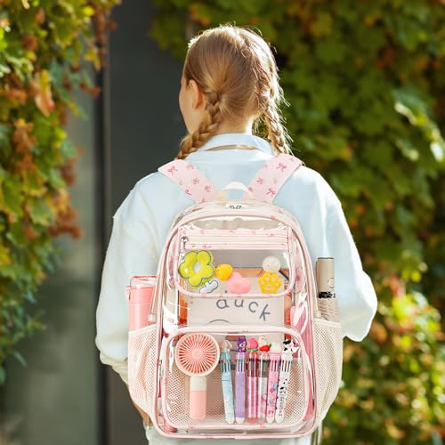 Bluboon Clear Backpack Heavy Duty Kids Boys Clear Bookbag See Through Backpacks with Pencil Case for College Work - color: Pink Bow 212-pink