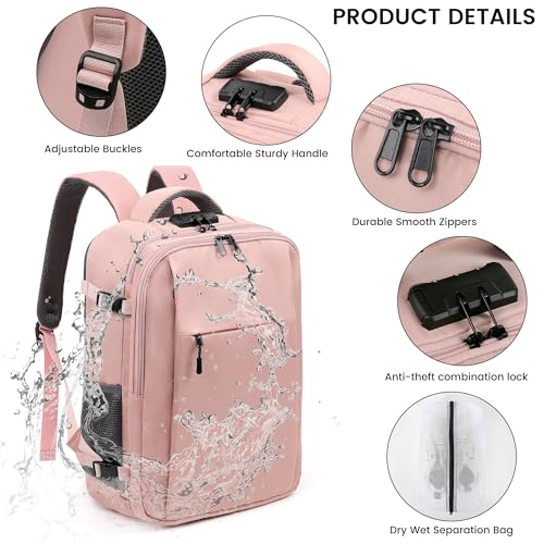 TANTOMI Travel Backpack for Women, Carry On Backpack with Wet-Dry Separation Compartment, TSA-Compliant Laptop Backpack, Personal Item Travel Bag with Anti-Theft Lock for Weekender (Pink) - color: 2-pink