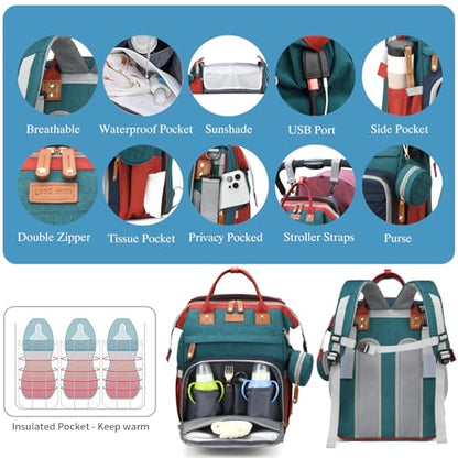 Jeryswet Baby Diaper Bags with Changing Station, Waterproof Large Capacity Diaper Bag Backpack for Moms Dads with USB Charging Port and Stroller Straps, Baby Shower Gifts, RGB - color: Green-blue-red