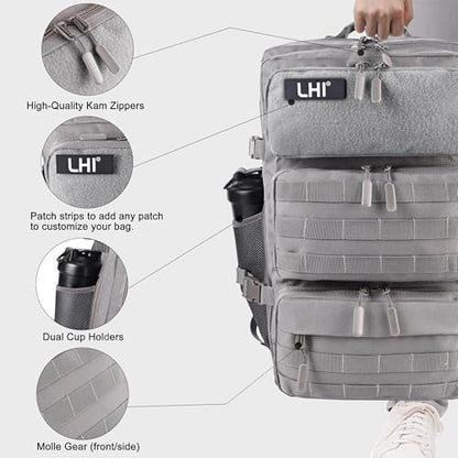 LHI Tactical Military Backpack for Men and Women 25L/35L Army Assault Pack Bag Small Rucksack with Bottle Holder - color: 50l-shoe Compartment(grey), size: Large