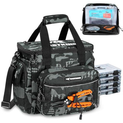 KastKing BaitSpace Fishing Tackle Bag With 4 Tackle Boxes & Removable Bait Binder, Water-Resistant Tackle Storage, Durable Fishing Gear, Adjustable Shoulder Strap - color: A: Black Camo, size: Medium - 4*3600 Trays