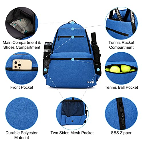 Sucipi Tennis Bag Professional Tennis Backpack for Men and Women Racket Bags Holds 2 Rackets with Ventilated Shoe Compartment - color: Dark Blue