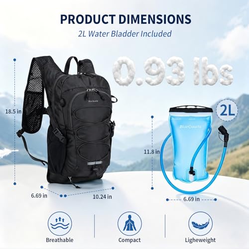 Blue Quartz Hydration Backpack with 2L Water Bladder, 18L Hiking Backpack for Women Men, Lightweight Water Pack with Phone Pocket for Quick Access, Hydration Pack for Cycling, Running, Biking - color: Black