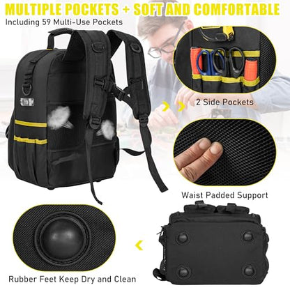 Tool Backpack, Heavy Duty Tool Bag with Padded Shoulder and Removable Tool Organizer, Water-Resistant Work Backpack, for Electrician, Plumber, HVAC, Cable Repairman, Black & Yellow - color: Black & Yellow