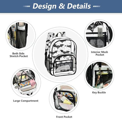 Halloween Black Bats Clear Backpack PVC Transparent Backpack Lightweight Book Bags Capacity Clear Bag for Boys Girls - color: White