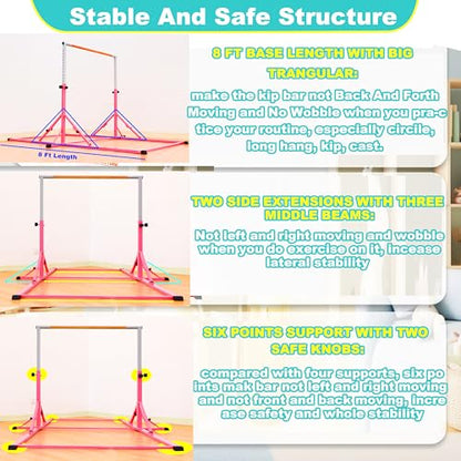 Marfula Gymnastic Bar For Kid and Teenage of 3-25, 5Ft/8 FT Base Length 4Ft Width 5Ft Adjust Height, Gymnastic Kip Bar For Gymnast, Gymnastic Training Equipment For Professional Training Home Club Use - color: Pink (Bar with Mat - 8 Ft Base)