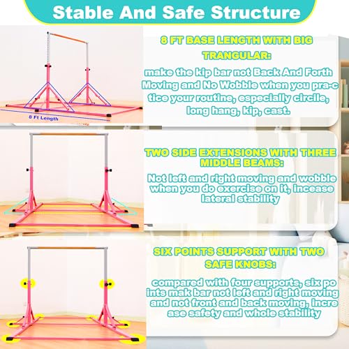Marfula Gymnastic Bar For Kid and Teenage of 3-25, 5Ft/8 FT Base Length 4Ft Width 5Ft Adjust Height, Gymnastic Kip Bar For Gymnast, Gymnastic Training Equipment For Professional Training Home Club Use - color: Pink (New Style - 8 Ft Base)