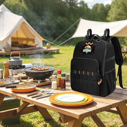 HODRANT Tactical Camp Utensil Organizer Backpack, Large Hanging Camping Kitchen Storage Bag with Paper Towel Holder & Multi-Pockets, Grill & Cookware Utensil Caddy for RV, BBQ & Picnic, Bag Only