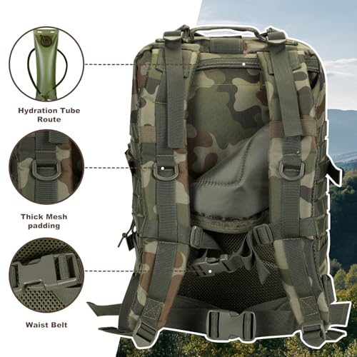 Hannibal Tactical MOLLE Assault Backpack, Tactical Backpack Military Army Camping Rucksack, 3-Day Pack Trip w/USA Flag Patch, D-Rings, Polish Camo - color: Polish Camo