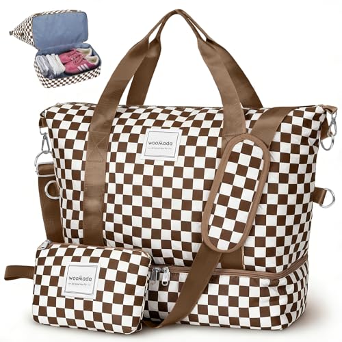 WOOMADA Weekender Bag for Women, Travel Duffel Bags with Shoe Compartment & Wet Pocket, Personal Item Bag for Airlines - color: Brown Checkerboard