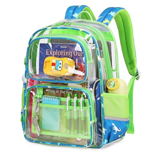 Sisipoet Clear Backpack for School, Heavy Duty PVC Transparent Bookbag, Funny Kids Backpacks with Dinosaurs Print, Green - color: Green/Dinosaurs