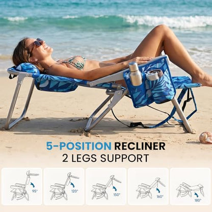 Palm Leaves Beach Chair Heavy Duty 330 lbs, 5-Position Lay Flat Folding Backpack Beach Chair with Cooler for Adults, Reclining Sand Chair for Beach Poolside Vacation(Blueleaves,1PK)