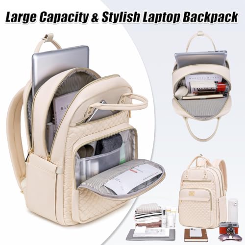 Tealari Laptop Backpack for Women,15.6 Inch Laptop Backpack for Work,Water Resistant Travel Backpack,College Bookbag with Wallet (Beige) - color: Beige