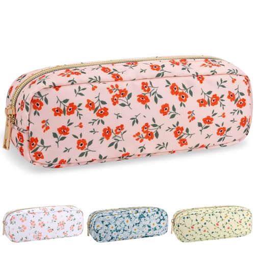 Nylon Small Floral Makeup Bag Slim Pouch, Preppy Cute Makeup Brush Bag Pink Makeup Bag Flower Cosmetic Zipper Pouch for Purse, Waterproof Travel Toiletry Bag Make Up Organizer for Women(Pink-Floral) - color: Pink-Floral, size: Slim