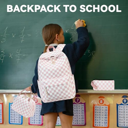 LEDAOU Backpack for Girls School Bag Kids Bookbag Teen Backpack Set Daypack with Lunch Bag and Pencil Case | Kids - color: Grid - Pink and White