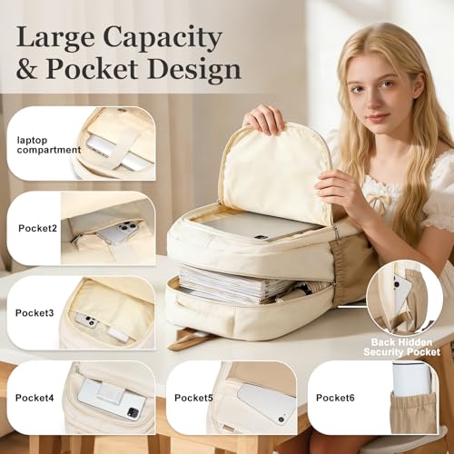 School Backpack For Women Men College Backpack With Lots Of Pockets Cute BookBag Casual Daypack Backpacks For Teens Girls Boys Waterproof(Beige) - color: D2-beige Wth Khaki