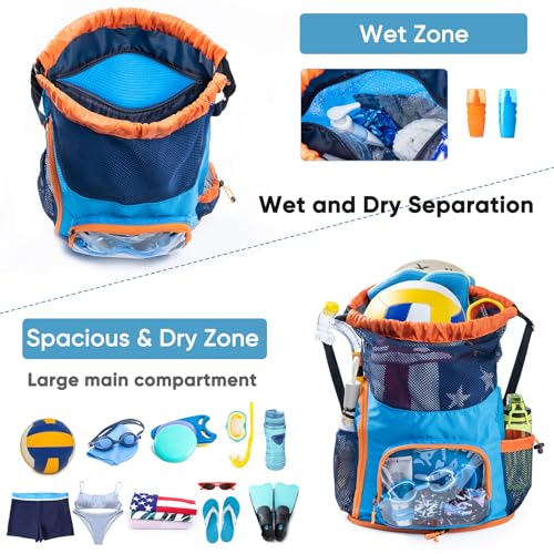 Mesh Drawstring Backpack with Shoe Compartment, Sandproof Beach Swim Bag with Wet Pocket, Pool Gym Shower Bag for Travel Summer Camp - color: Blue - Orange, style: Style a
