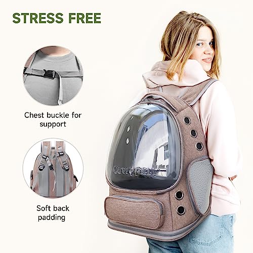 Cawypety Cat Backpack Carrier, Breathable Cat Carrier Large Space Bubble Pet Backpack for Kitty Small Dog up to 15lbs, Transparent & Foldable Pet Carrier for Travel Hiking - color: Khaki